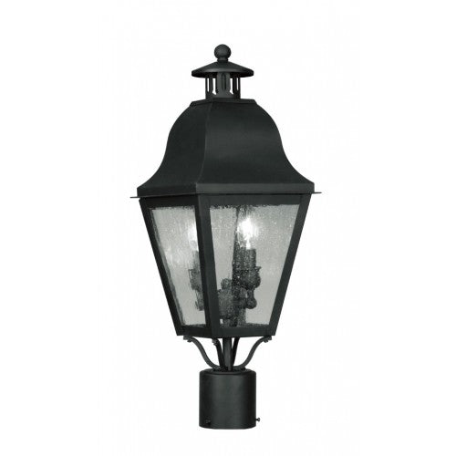 2552-04 Amwell Candelabra Base 2 Light Bulb Sockets Medium Outdoor Post Top Lantern 8.5" x 8.5" x 21" Hand Crafted Solid Brass and Seeded Glass, Black Finish 120V for Garden, Exterior Post