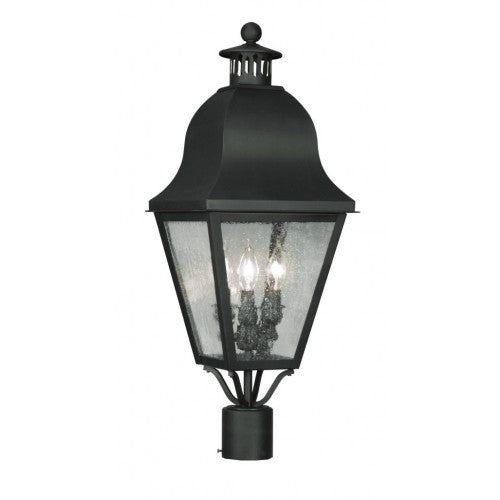 2556-04 Amwell Candelabra Base 3 Light Bulb Sockets Large Outdoor Post Top Lantern 10.5" x 10.5" x 27.5" Hand Crafted Solid Brass and Seeded Glass, Black Finish 120V for Garden, Exterior Post