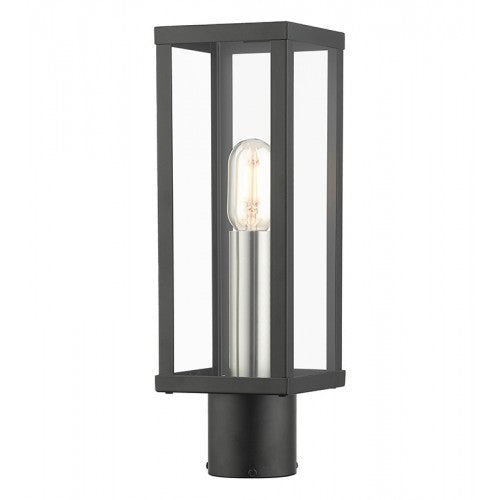 28034-04 Gaffney Medium Base 1 Light Bulb Sockets Outdoor Post Top Lantern 15.5" x 5" Sq. Stainless Steel and Clear Glass, Black with Brushed Nickel Finish Accents 120V for Garden, Exterior Post