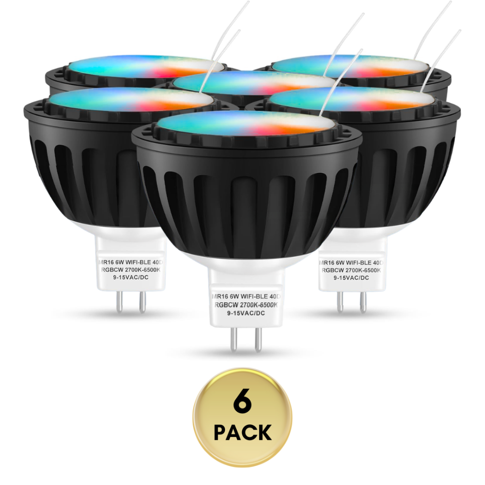 RGBCW MR16 6W Smart WIFI Bluetooth Control LED Light Bulb 6 Pack, Energy Saving RGBCW Color Changing 2700K-6500K 12V Outdoor LED Bulb Compatible with Alexa and Google Assistant