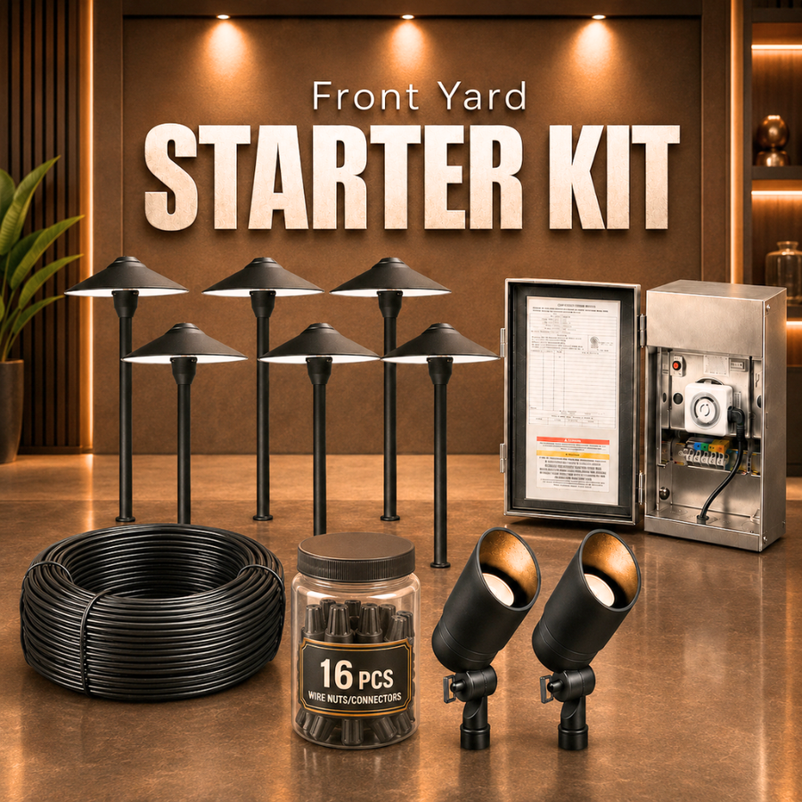 Outdoor Landscape Lighting LED 12V Low Voltage Complete Aluminum Landscape Lighting Kit: Spotlights, Path Lights, Transformer, Wire & All Required Components Starter Kit: (2) DL01 Spotlight | (6) DL03 Path Light