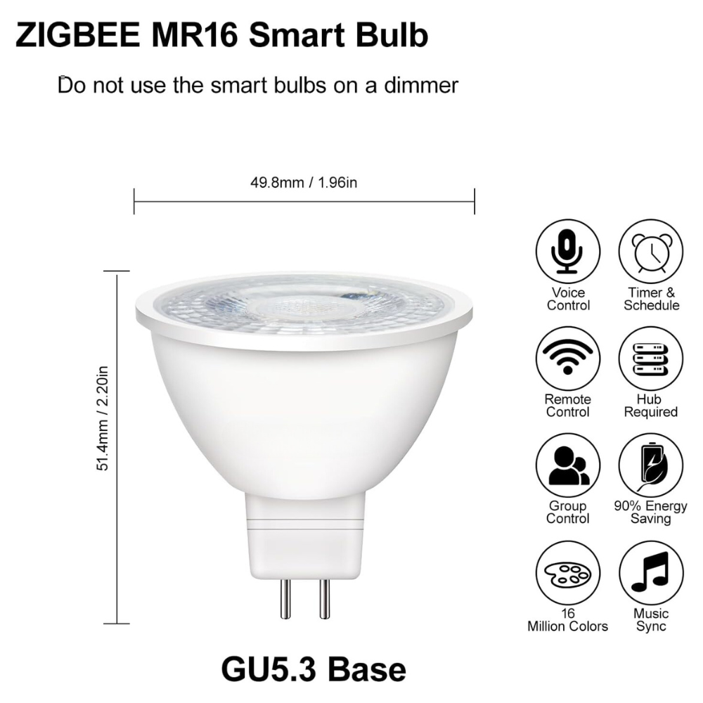 2-Pack MR16 5W Zigbee RGBCW 2700K-6000K Smart WI-FI LED Light Bulb Package, Energy Saving Color Changing 12V Outdoor LED Bulb Compatible with Alexa, SmartThings, and Philips Hue