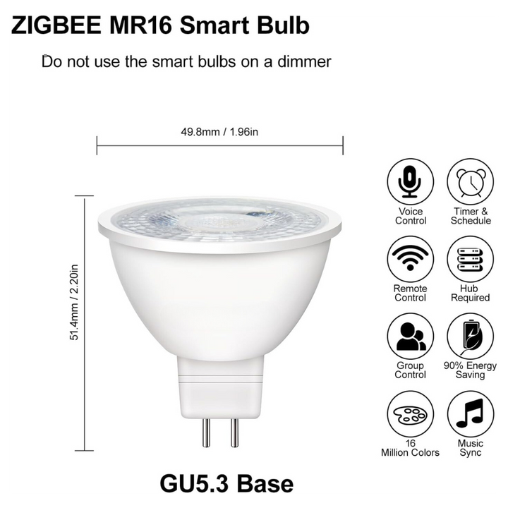 2-Pack MR16 5W Zigbee RGBCW 2700K-6000K Smart WI-FI LED Light Bulb Package, Energy Saving Color Changing 12V Outdoor LED Bulb Compatible with Alexa, SmartThings, and Philips Hue