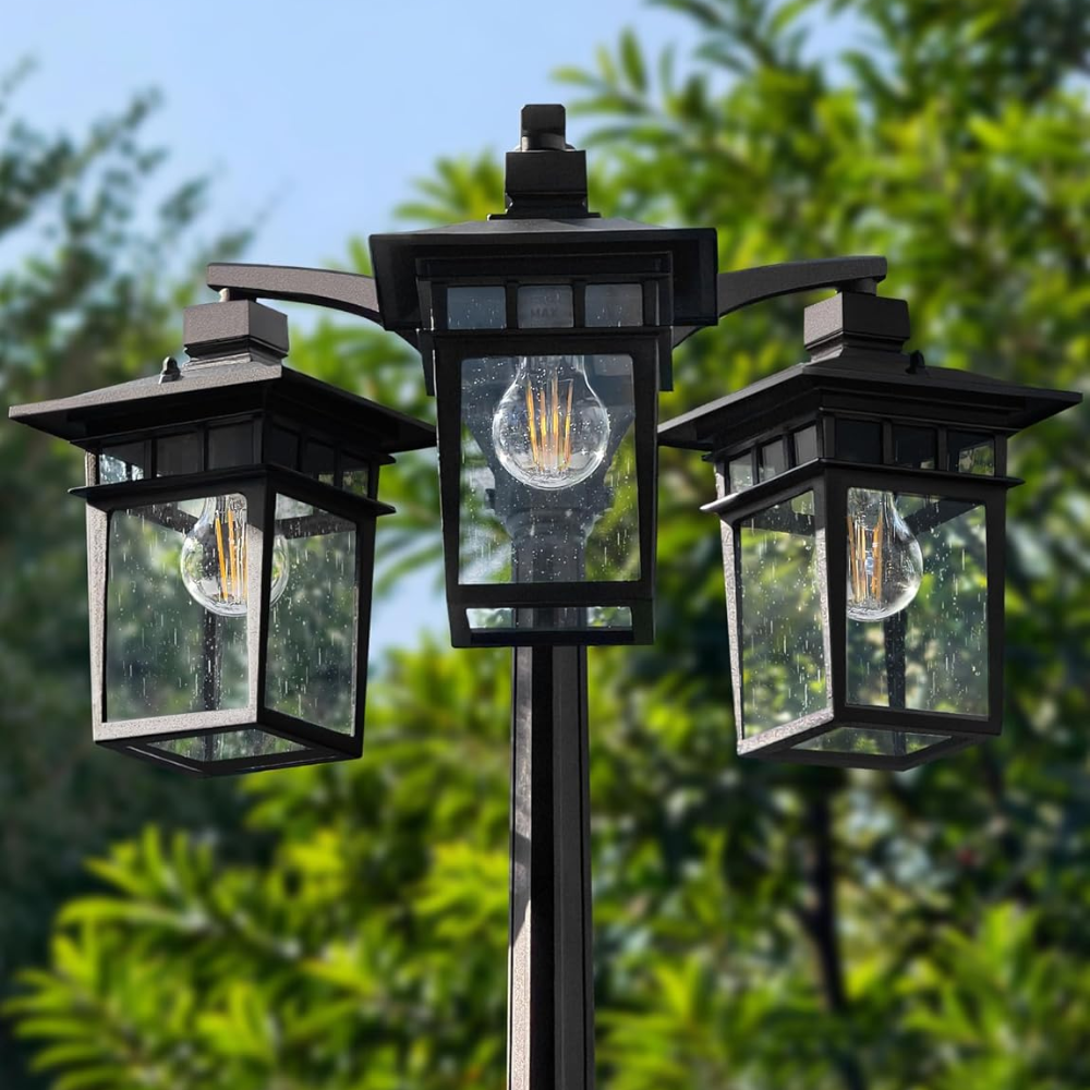 PLH04 360° Motion Sensor and Dusk-to-Dawn Classic Black Aluminum 3-Head Rectangular Post Light 87.5" Pole with Glass Panels 3 E26 Base Medium Base Socket 120V with for Garden, Exterior Lighting