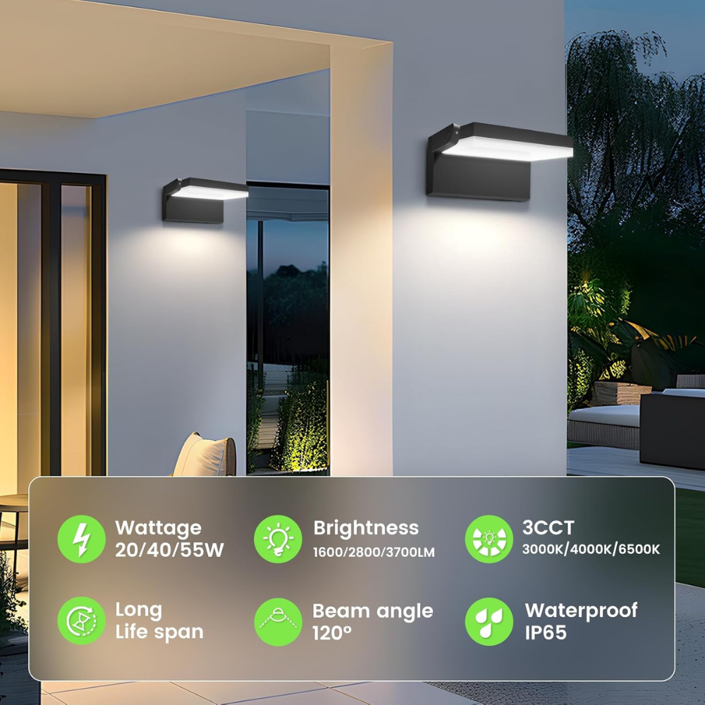 SCA03 Adjustable 20W/40W/55W 3CCT 3000K/4000K/6500K Integrated LED Wall Sconce Flood Light 9″x5.9″x4.5″ 120V Line Voltage Aluminum Wall Sconce Lighting IP65 Waterproof