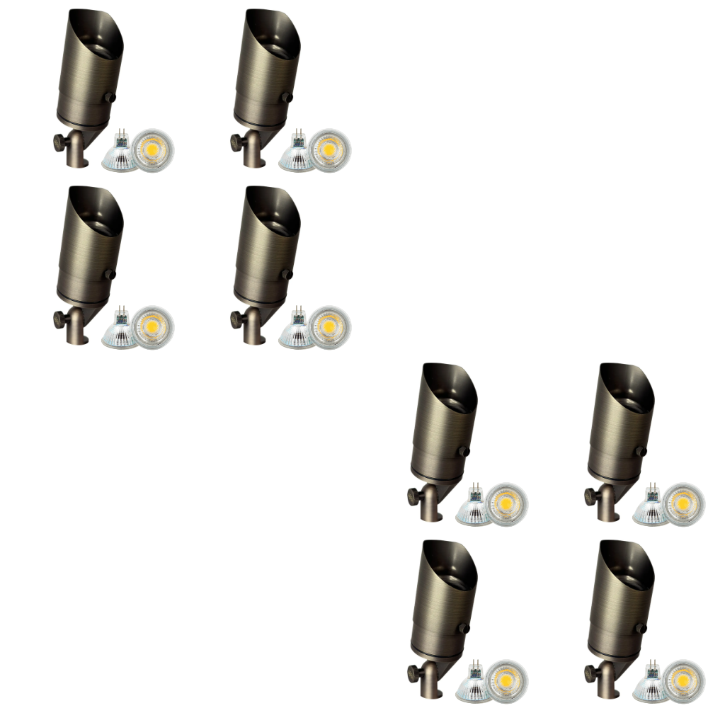 Outdoor Landscape Lighting LED 12V Low Voltage SPB05 4x/8x/12x Package LED Landscape Low Voltage Spotlight Adjustable Outdoor Lighting with 5W 3000K Bulb Natural Brass 8 Pack