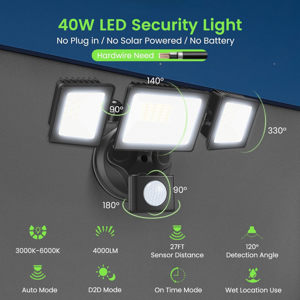 40W Wired Outdoor LED Flood Light, 120V Remote-Operated Dimmable Adjustable 3000K-6000K Motion-Sensor Security Flood Light 4000LM, IP65 Waterproof