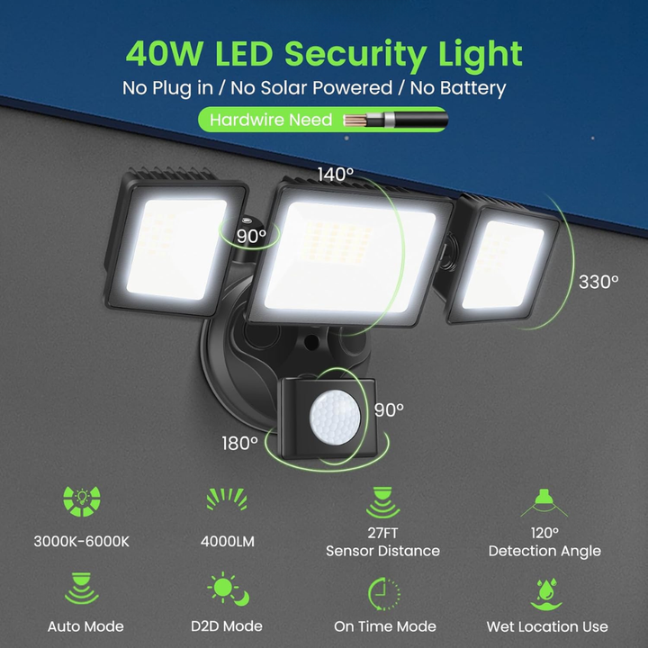 40W Wired Outdoor LED Flood Light, 120V Remote-Operated Dimmable Adjustable 3000K-6000K Motion-Sensor Security Flood Light 4000LM, IP65 Waterproof