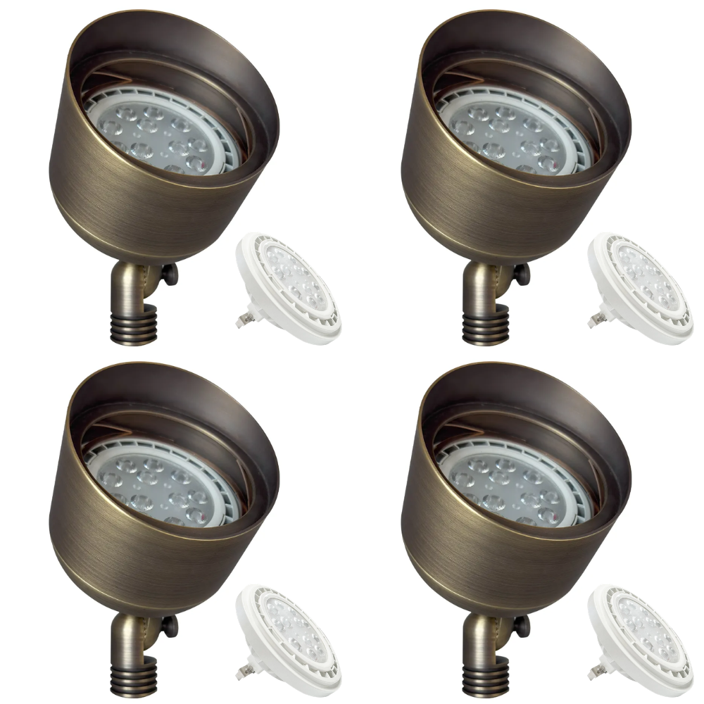 Outdoor Landscape Lighting LED 12V Low Voltage SPB07 4x/8x/12x Brass Outdoor Floodlight 12V Low Voltage LED Landscape Lighting Package with PAR36 10W 160° 3000K Bulb Natural Brass