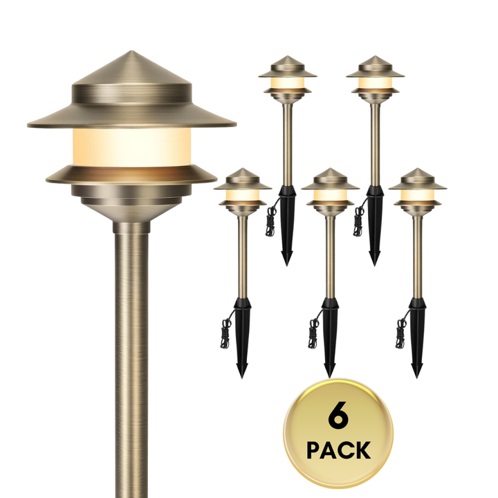 ALP73 12V Low Voltage LED Two-Tier Pagoda Path Lights Package – Solid Brass Outdoor Landscape Lighting