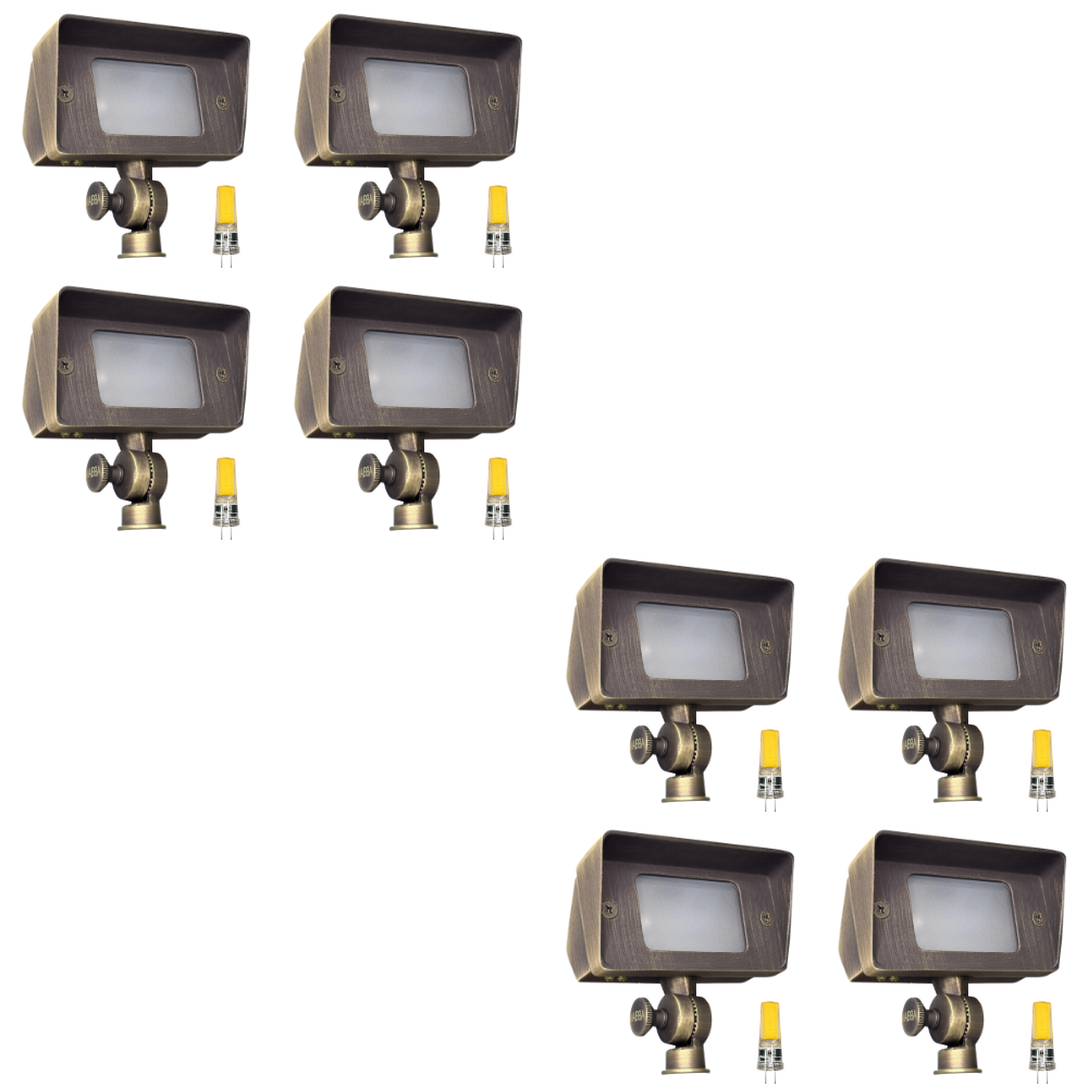 Outdoor Landscape Lighting LED 12V Low Voltage FPB01 4x/8x/12x Package Brass Rectangular LED Directional Floodlight Adjustable Lighting 3W 3000K Bulb 8 Pack Natural Brass