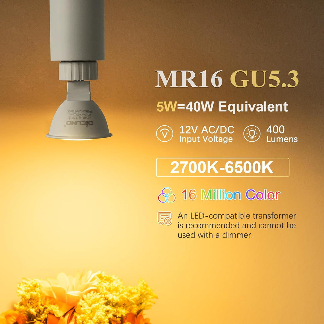 RGBCW MR16 5W Smart WIFI LED Light Bulb 4 Pack, Energy Saving RGBCW Color Changing 12V Outdoor LED Bulb Package Compatible with Alexa, Google Assistant, and Siri