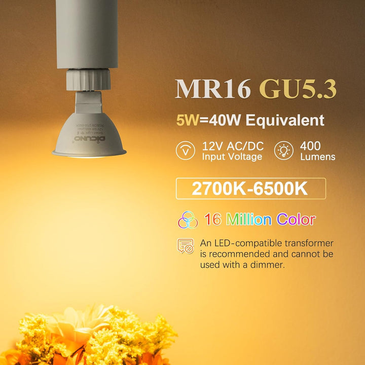 RGBCW MR16 5W Smart WIFI LED Light Bulb 4 Pack, Energy Saving RGBCW Color Changing 12V Outdoor LED Bulb Package Compatible with Alexa, Google Assistant, and Siri
