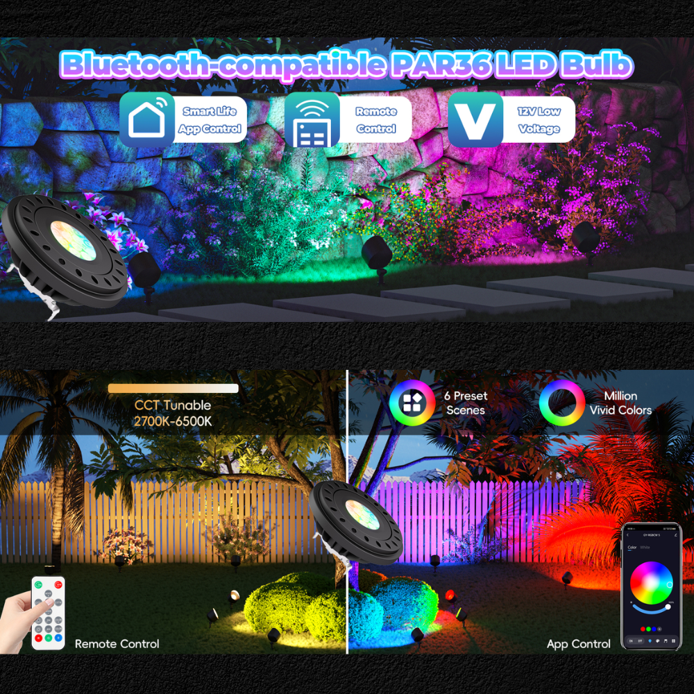 PAR36 7W RGB+CCT Tunable 2700K to 6500K, Remote and App Controlled, Dimmable, IP67 waterproof Low Voltage Bulbs
