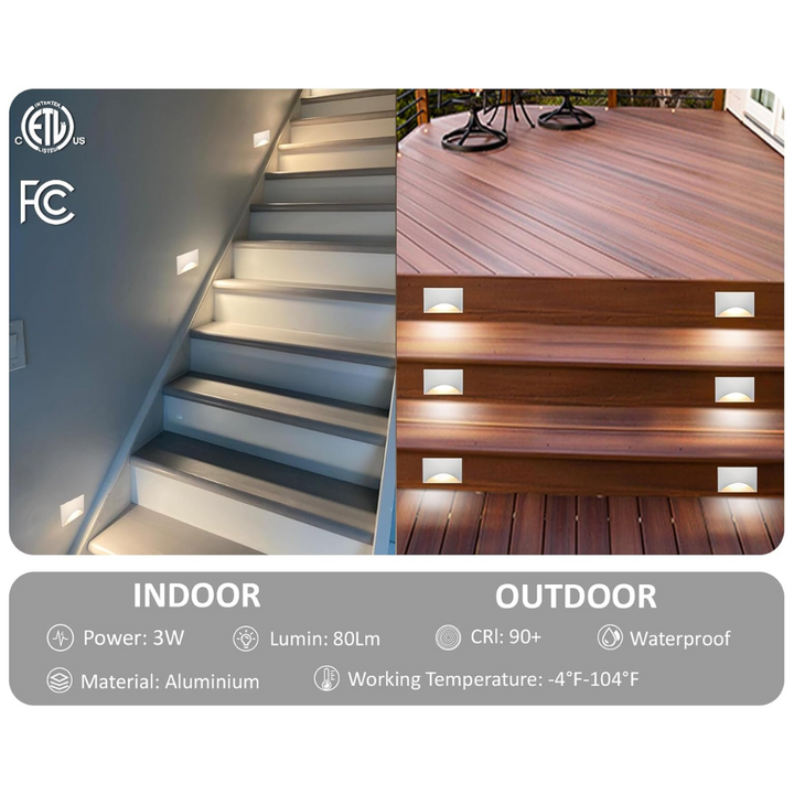 STAH03 5CCT 120V LED Aluminum Outdoor Step Lights, 2700K/3000K/3500K/4000K/5000K Stair Lighting Package, 3W Dimmable LED Lights for Step Stair, CRI90, ETL Listed, IP65 Waterproof