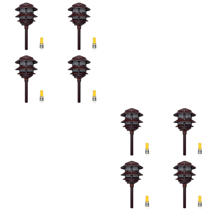 Outdoor Landscape Lighting LED 12V Low Voltage CDPA72 4x/8x/12x Package Black 12V AC/DC Low Voltage Landscape Lighting 3 Tier Aluminum Pagoda Path Light 3W 3000K G4 Bulb 8 Pack Brown