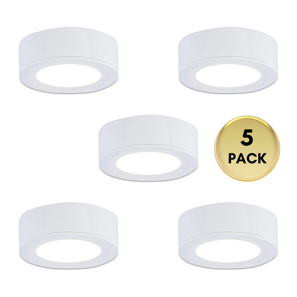 CBA03 3x/5x Pack 2.7W 2.68" 3000K Dimmable Recessed and Surface Mounted Line Voltage 120V Line Voltage Hardwired LED Puck Cabinet Light Cast Aluminum Downlighting 110LM/130LM Package