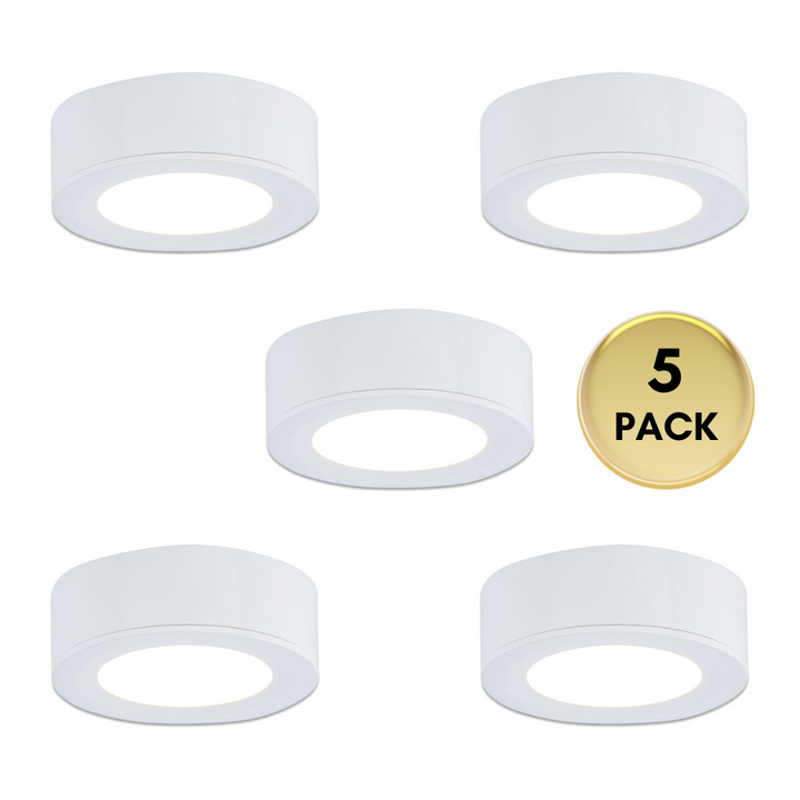 CBA03 3x/5x Pack 2.7W 2.68" 3000K Dimmable Recessed and Surface Mounted Line Voltage 120V Line Voltage Hardwired LED Puck Cabinet Light Cast Aluminum Downlighting 110LM/130LM Package