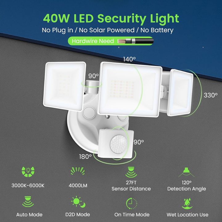 40W Wired Outdoor LED Flood Light, 120V Remote-Operated Dimmable Adjustable 3000K-6000K Motion-Sensor Security Flood Light 4000LM, IP65 Waterproof