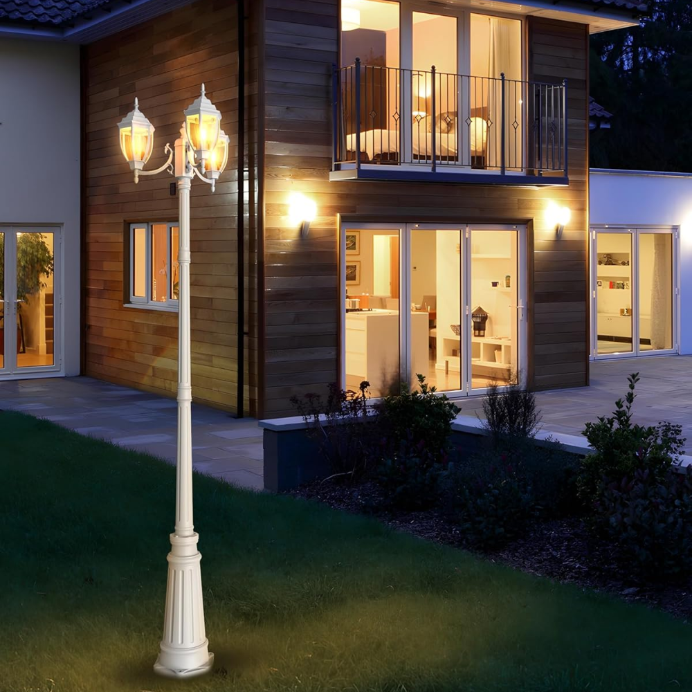 PLH02 Classic Black or White Aluminum 3-Head Post Light 92.5" Pole with Glass Panels 3 E26 Base Medium Base Socket 120V with for Garden, Exterior Lighting