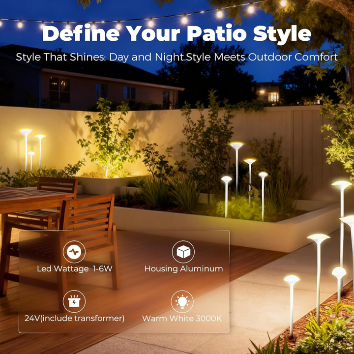 Outdoor Landscape Lighting LED 12V Low Voltage ALP71 DC24V Set of 8 White Mushroom Aluminum 3000K Warm White Integrated LED Low Voltage Path Light with Transformer Included