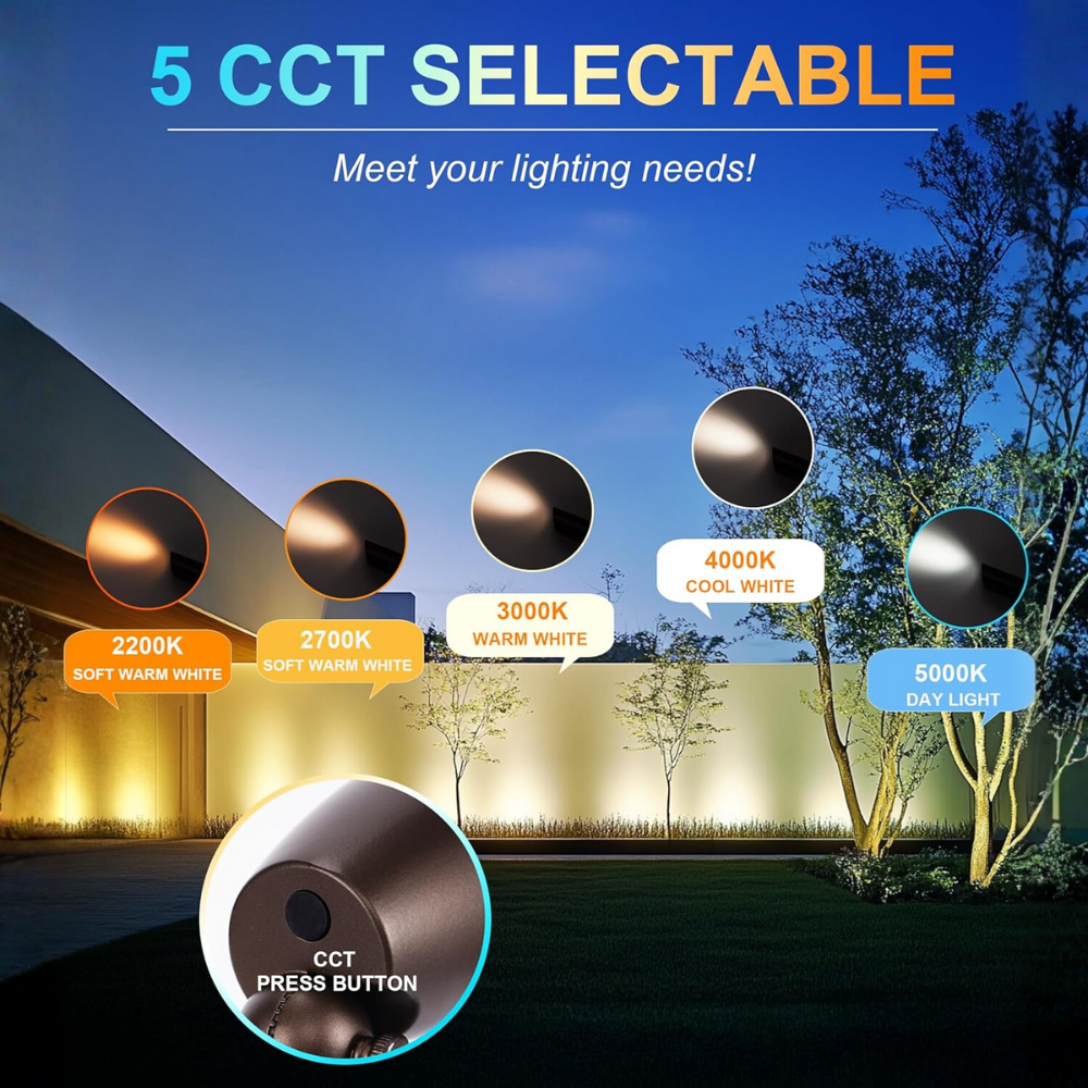 Outdoor Landscape Lighting LED 12V Low Voltage CDA02 4-Pack 9W 5CCT 2200K/2700K/3000K/4000K/5000K Selectable Integrated LED Bronze Aluminum Outdoor Spotlight Directional 12V AC/DC Low Voltage Landscape Lighting Package