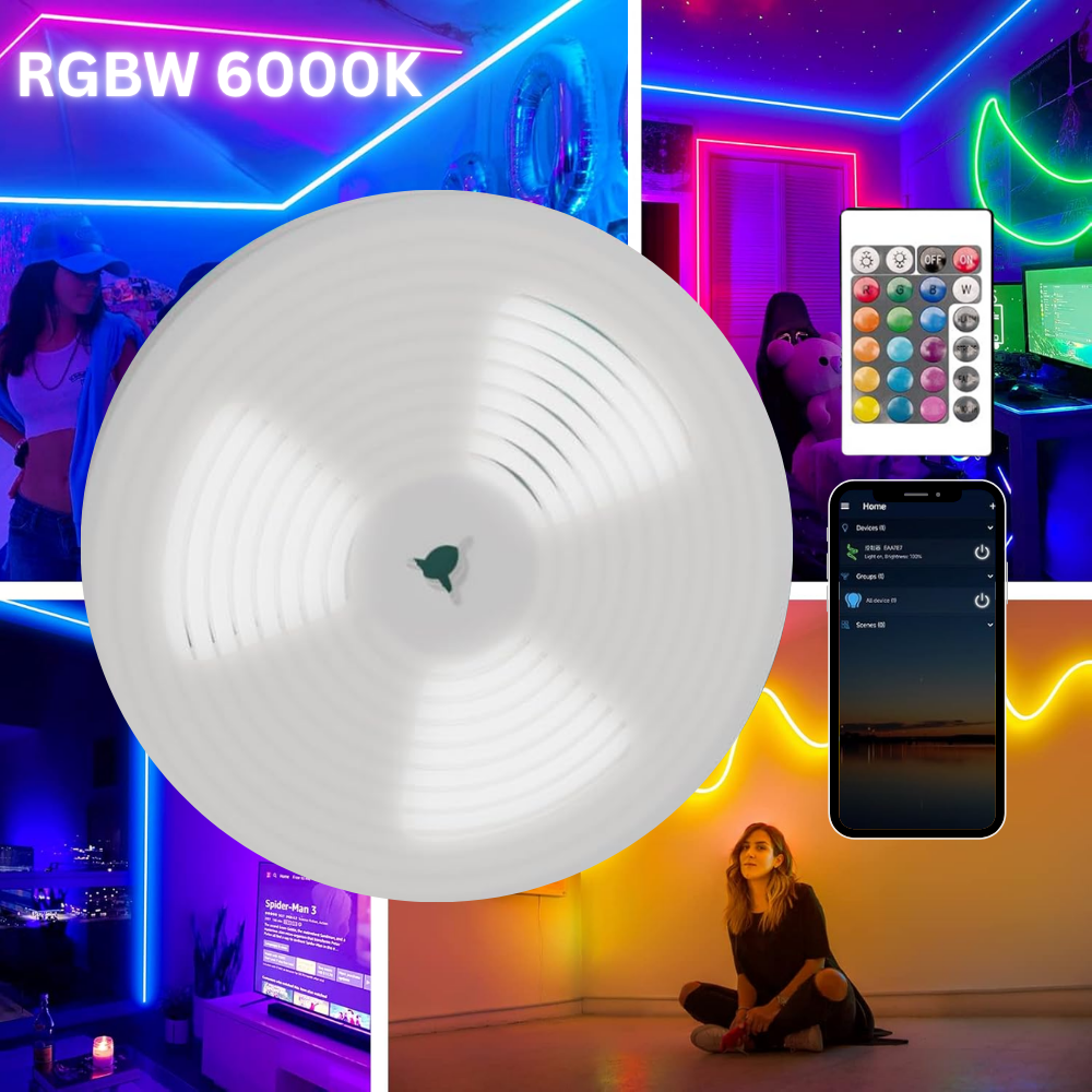 SLNR15 Dotless Neon RGB + Warm White 2800K or Cool White 6000K LED Strip Light Remote and Wi-Fi App Control DC24V IP65 Outdoor Rated Dimmable Silicone Strip Light Screws, Mounting Clips, End Cap, Screws, Remote Control and Controller with Power Cable