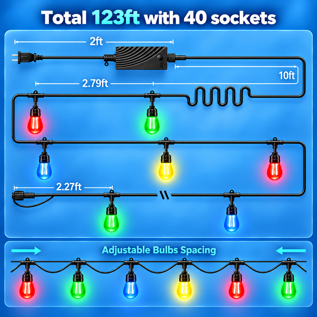 Outdoor Landscape Lighting LED 12V Low Voltage SLR100 LED RGBCWIC Smart Bistro String Lights Color Changing Outdoor Weatherproof 24V Edison Bulbs 123 FT - 40 Bulb (Not Connectable)