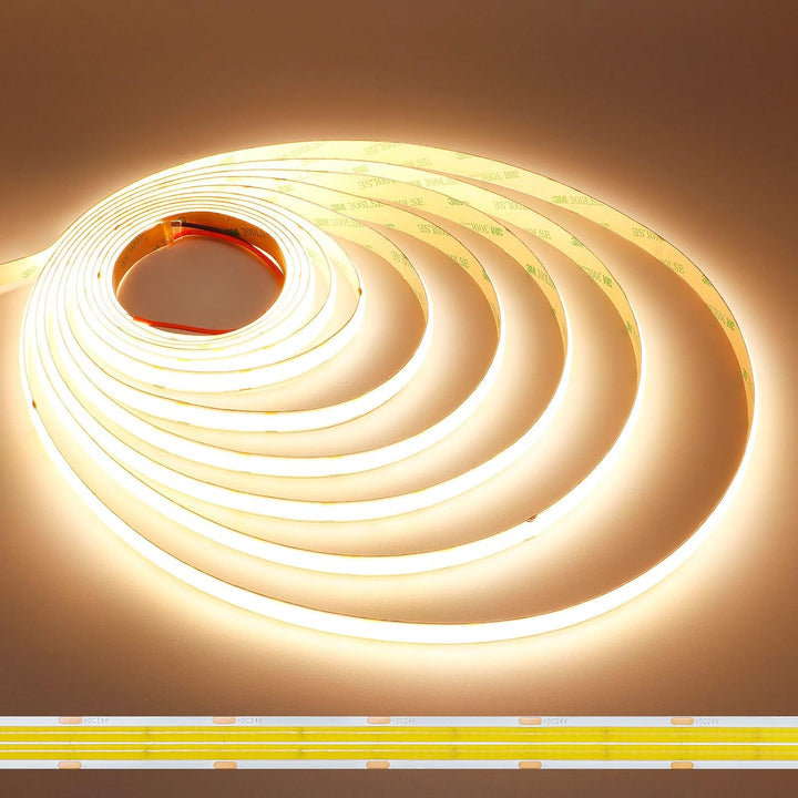 SLD15 Dotless Linear Single-Color 3000K/4000K/5000K LED Dimmable, 7.6W/ft 16.4ft COB Strip Lights IP20 Low Voltage 12mm DC24V Dual Row Super Bright Tape Light