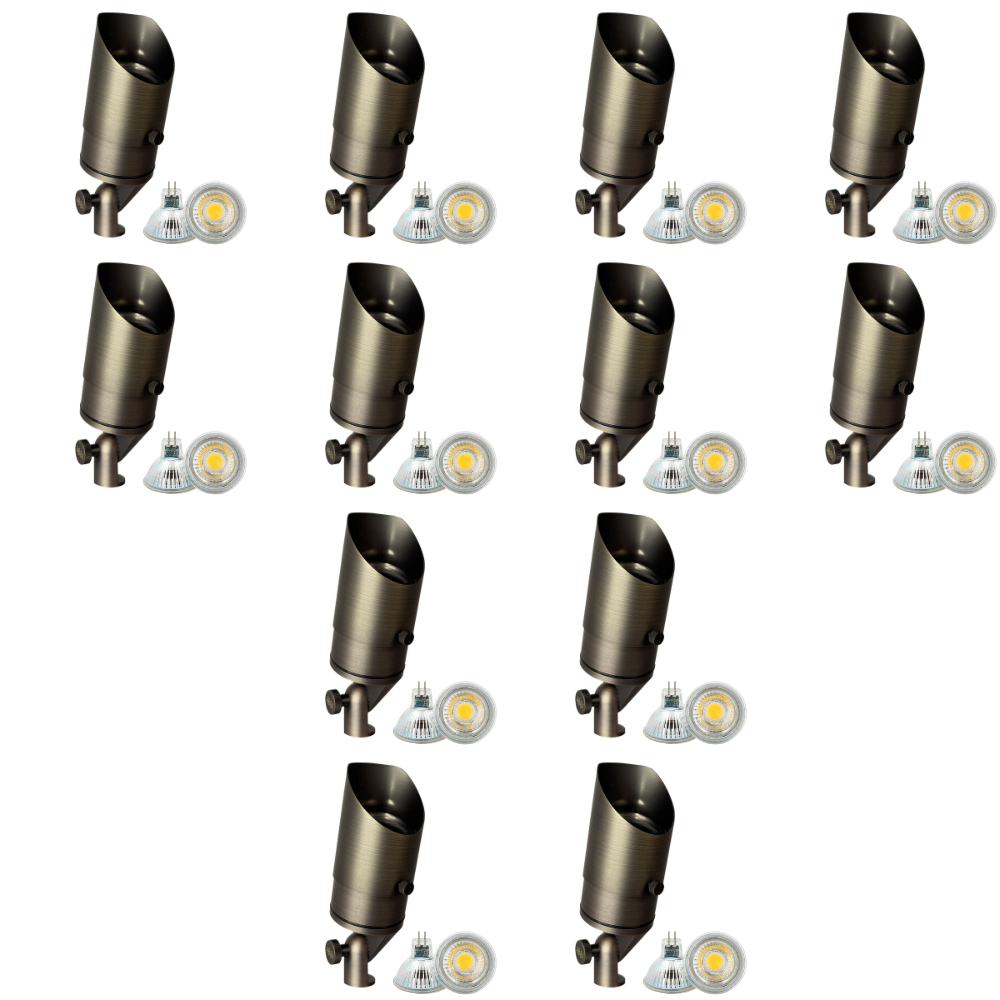 Outdoor Landscape Lighting LED 12V Low Voltage SPB05 4x/8x/12x Package LED Landscape Low Voltage Spotlight Adjustable Outdoor Lighting with 5W 3000K Bulb Natural Brass 12 Pack