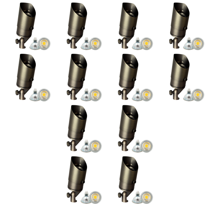 Outdoor Landscape Lighting LED 12V Low Voltage SPB05 4x/8x/12x Package LED Landscape Low Voltage Spotlight Adjustable Outdoor Lighting with 5W 3000K Bulb Natural Brass 12 Pack