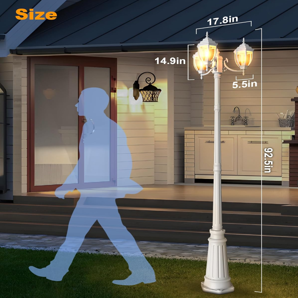 PLH02 Classic Black or White Aluminum 3-Head Post Light 92.5" Pole with Glass Panels 3 E26 Base Medium Base Socket 120V with for Garden, Exterior Lighting