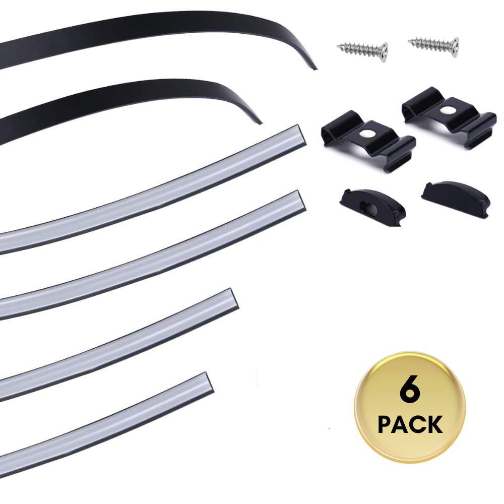 AC12 U-Shaped Rectangular Flexible Black and Silver Finish Aluminum Channel with Frosted Plastic Cover 3.3FT/1M For Max 12mm Width LED Strip Lights Pack of 6/10/20