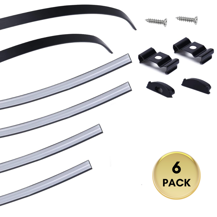 AC12 U-Shaped Rectangular Flexible Black and Silver Finish Aluminum Channel with Frosted Plastic Cover 3.3FT/1M For Max 12mm Width LED Strip Lights Pack of 6/10/20