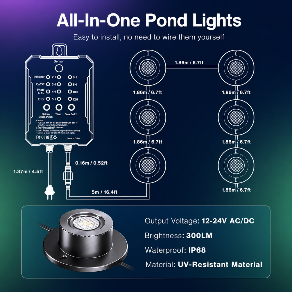 Outdoor Landscape Lighting LED 12V Low Voltage ULBA05 Aluminum Underwater Landscape 12-24V AC/DC 3W RGB+Warm White Integrated Color-changing Fountain Light Pond Lighting IP68 with Remote Control and Transformer Included
