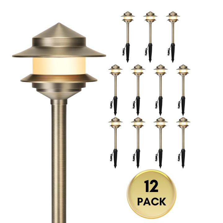 ALP73 12V Low Voltage LED Two-Tier Pagoda Path Lights Package – Solid Brass Outdoor Landscape Lighting