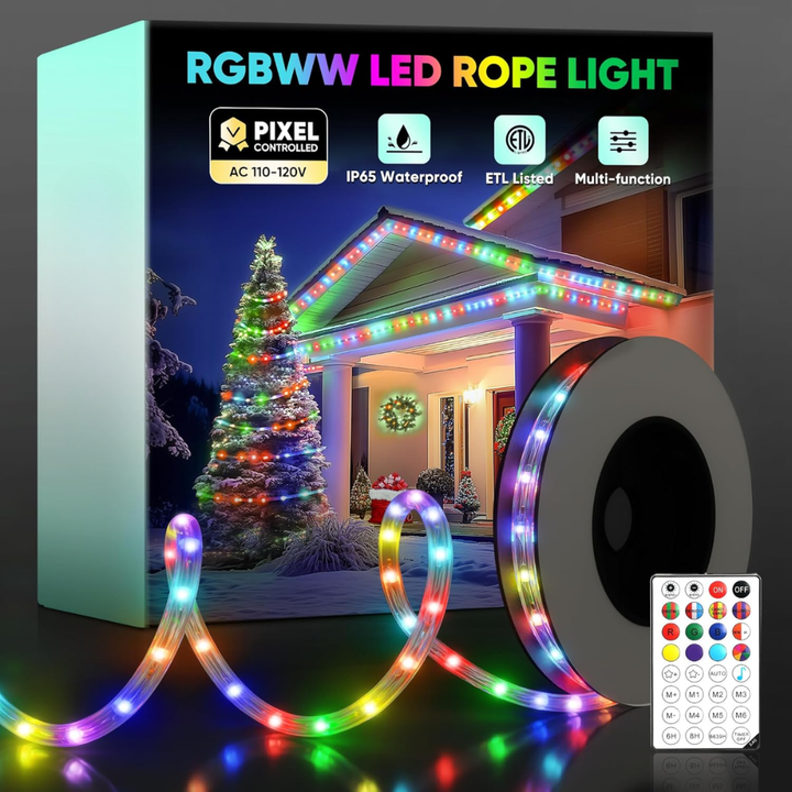 SLNR17 Dotted Neon RGBIC+CCT LED Strip Light 110V IP65 Outdoor Rated Dimmable High Voltage Flexible Rope Light , Mounting Clips, End Cap, Screws, Remote Control and Power Supply