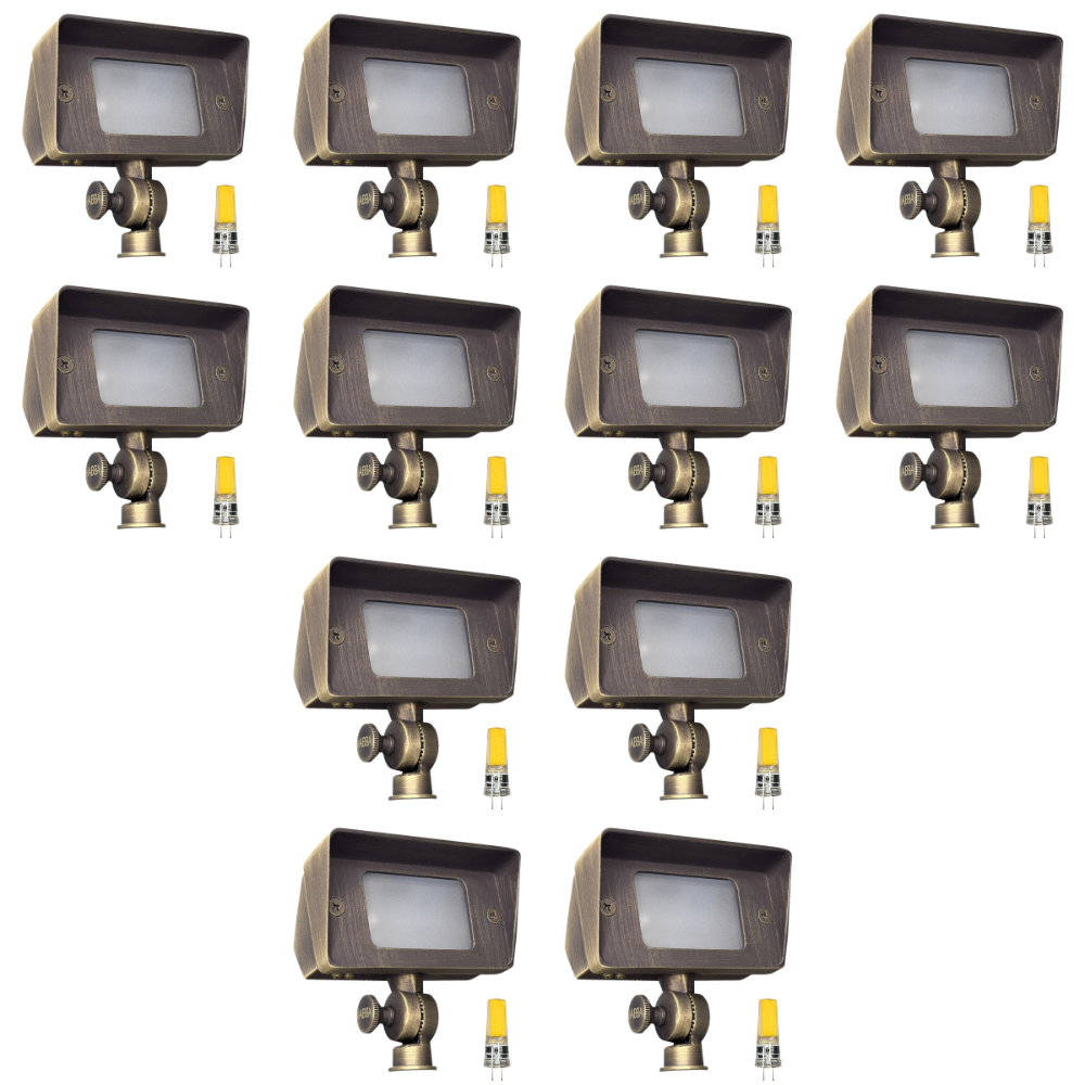 Outdoor Landscape Lighting LED 12V Low Voltage FPB01 4x/8x/12x Package Brass Rectangular LED Directional Floodlight Adjustable Lighting 3W 3000K Bulb 12 Pack Natural Brass
