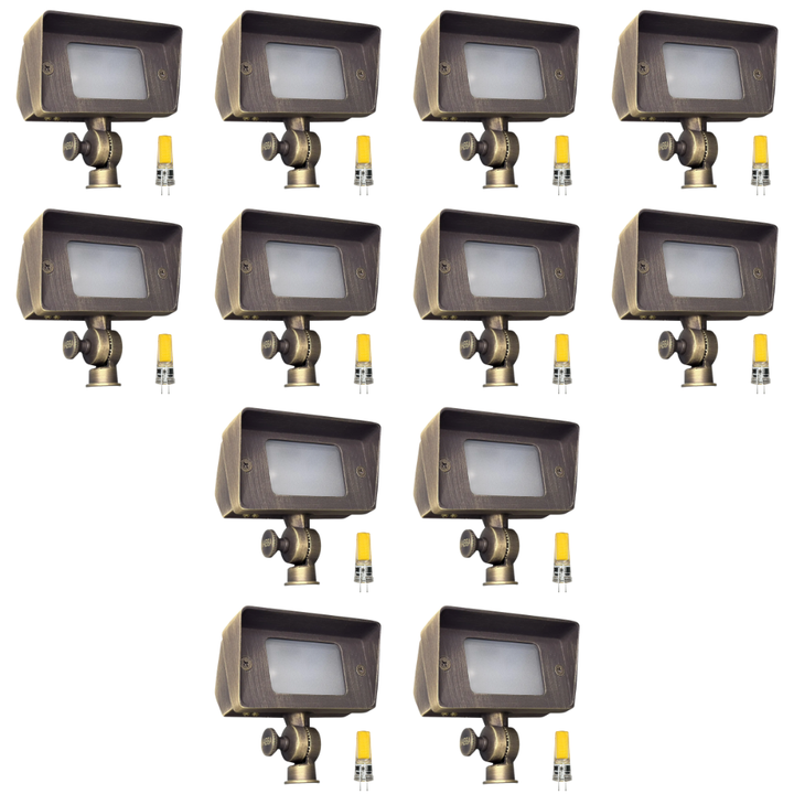 Outdoor Landscape Lighting LED 12V Low Voltage FPB01 4x/8x/12x Package Brass Rectangular LED Directional Floodlight Adjustable Lighting 3W 3000K Bulb 12 Pack Natural Brass