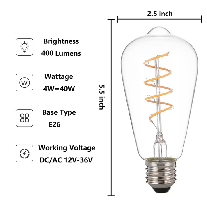 E26 4W 12V-36V 2700K AC/DC LED Spiral Filament Edison Bulbs Package Dimmable Energy Saving Low Voltage Light Bulb