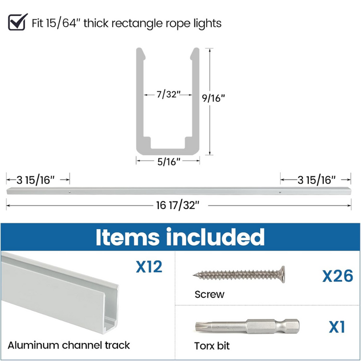 AC13 12-Pack 16.5"/1.37ft Aluminum Channel Track for 6mm and 8mm LED Silicon Neon Strip Lights Package