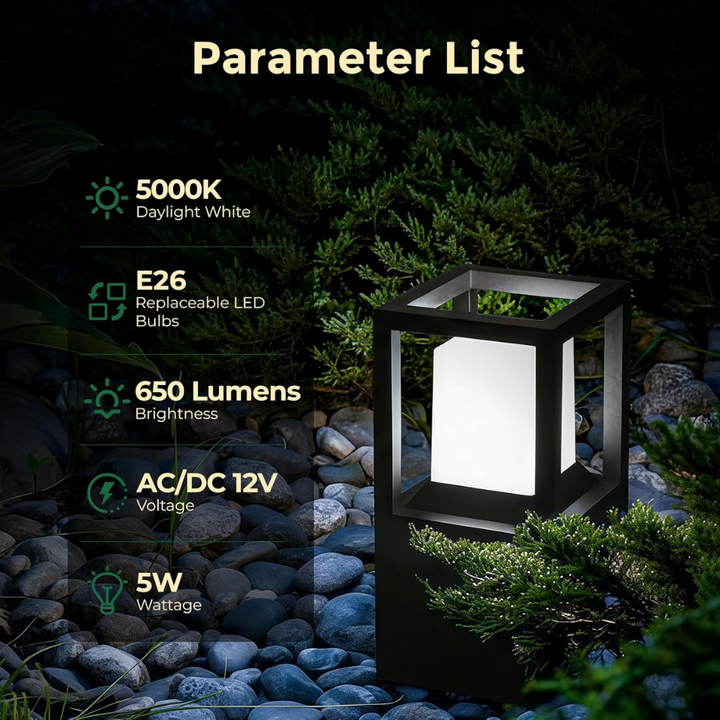 Outdoor Landscape Lighting LED 12V Low Voltage CPLA11 Outdoor Aluminum Post Lantern Light with Spike and Bolted Mount Base with Replaceable 5W 5000K E26 Bulb Low Voltage AC/DC 12V IP65 Waterproof