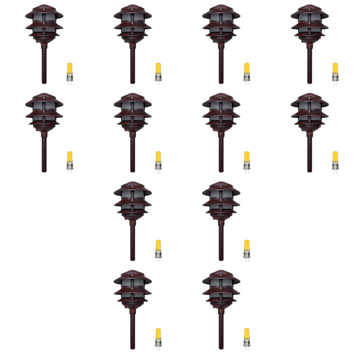 Outdoor Landscape Lighting LED 12V Low Voltage CDPA72 4x/8x/12x Package Black 12V AC/DC Low Voltage Landscape Lighting 3 Tier Aluminum Pagoda Path Light 3W 3000K G4 Bulb 12 Pack Brown