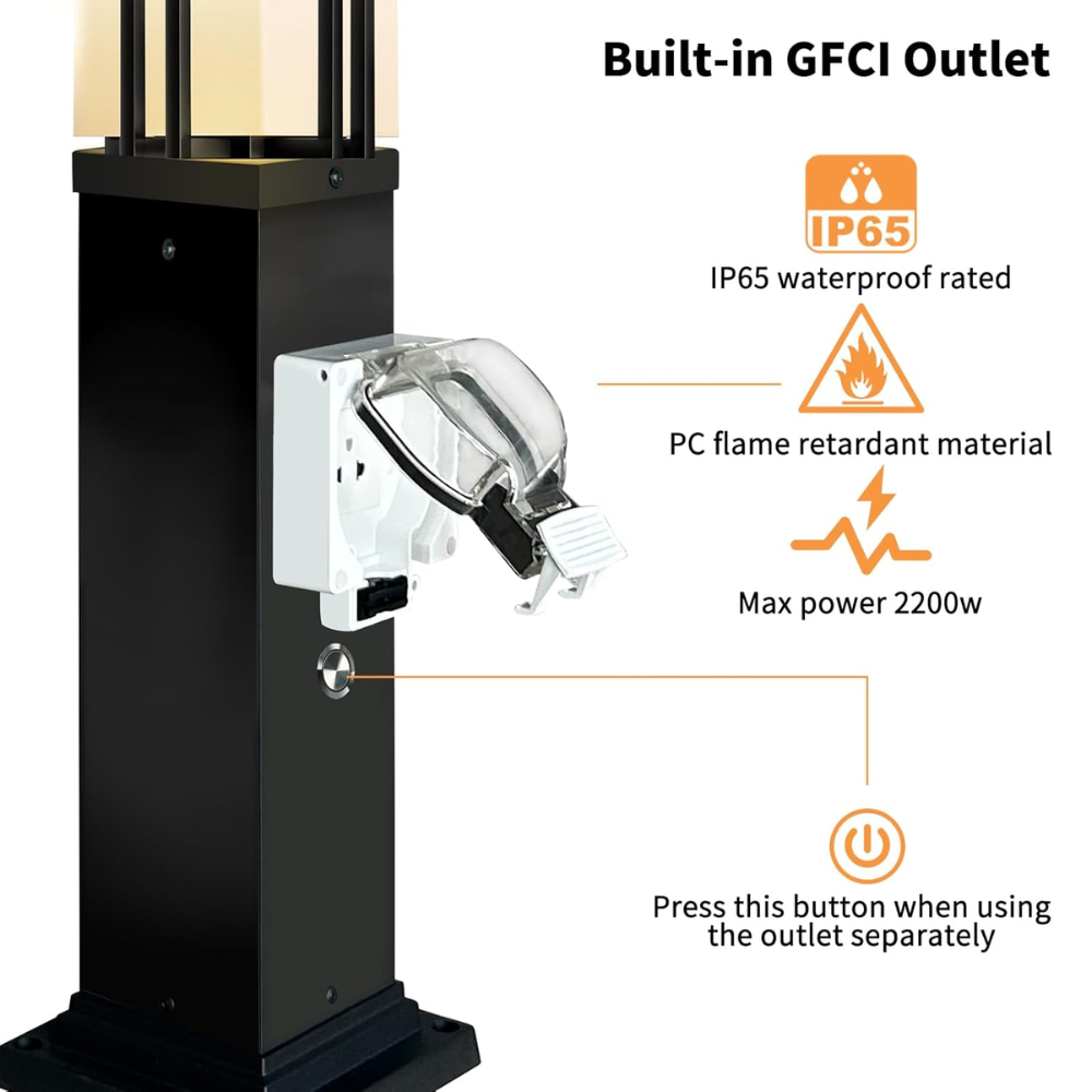 Outdoor Landscape Lighting LED 12V Low Voltage CPLA10 Outdoor Aluminum Post Mounted Lantern Light with 40" Post and Built-in GFCI Outlet, Mount Base E26 Socket Line Voltage 120V AC IP65 Waterproof