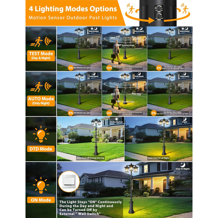 PLH04 360° Motion Sensor and Dusk-to-Dawn Classic Black Aluminum 3-Head Rectangular Post Light 87.5" Pole with Glass Panels 3 E26 Base Medium Base Socket 120V with for Garden, Exterior Lighting