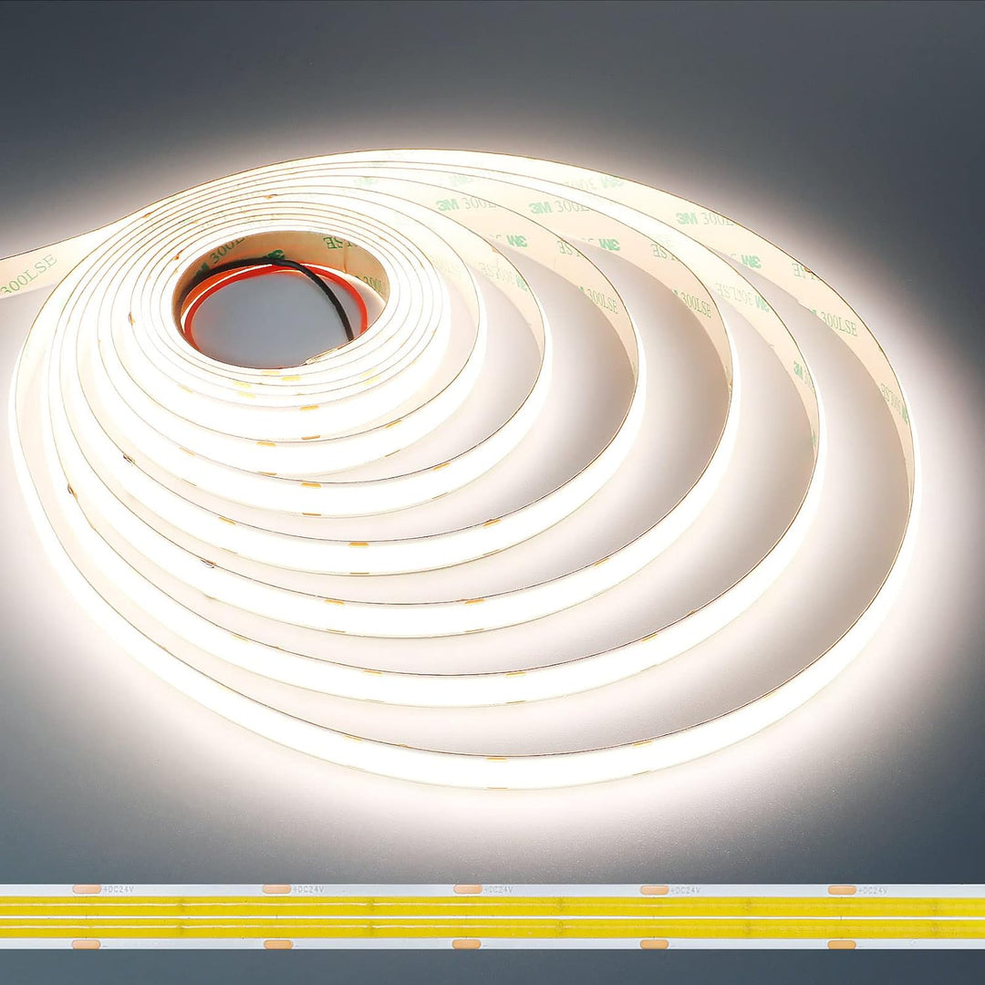 SLD15 Dotless Linear Single-Color 3000K/4000K/5000K LED Dimmable, 7.6W/ft 16.4ft COB Strip Lights IP20 Low Voltage 12mm DC24V Dual Row Super Bright Tape Light