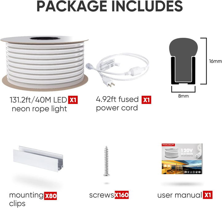 SLN06 Dotless Neon LED Strip Light 110-130V 8mm (W) x 16mm (H) IP65 Outdoor Rated Dimmable High Voltage Silicone Strip Light with Mounting Clips, Screws with Power Cable
