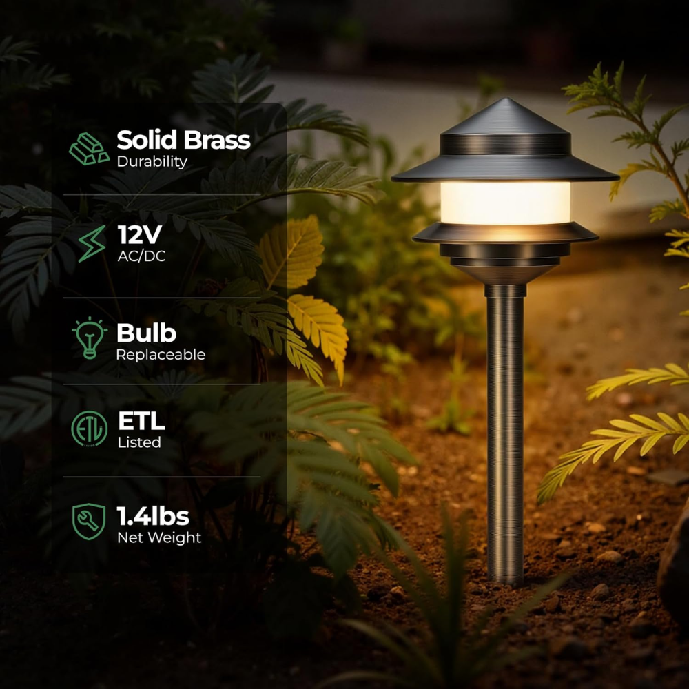 ALP73 12V Low Voltage LED Two-Tier Pagoda Path Lights Package – Solid Brass Outdoor Landscape Lighting