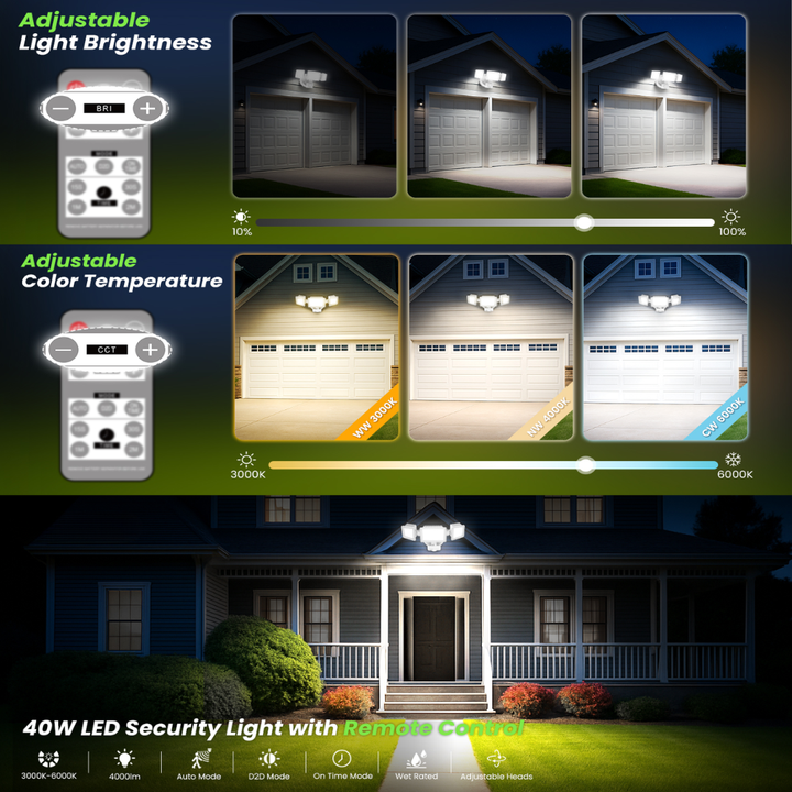 40W Wired Outdoor LED Flood Light, 120V Remote-Operated Dimmable Adjustable 3000K-6000K Motion-Sensor Security Flood Light 4000LM, IP65 Waterproof