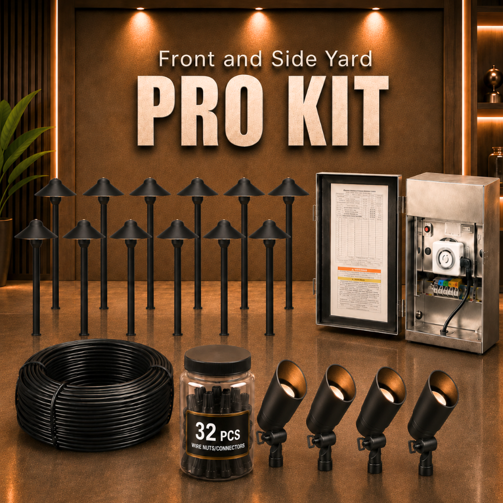 Outdoor Landscape Lighting LED 12V Low Voltage Complete Aluminum Landscape Lighting Kit: Spotlights, Path Lights, Transformer, Wire & All Required Components Pro Kit: (4) DL01 Spotlight | (12) DL03 Path Light